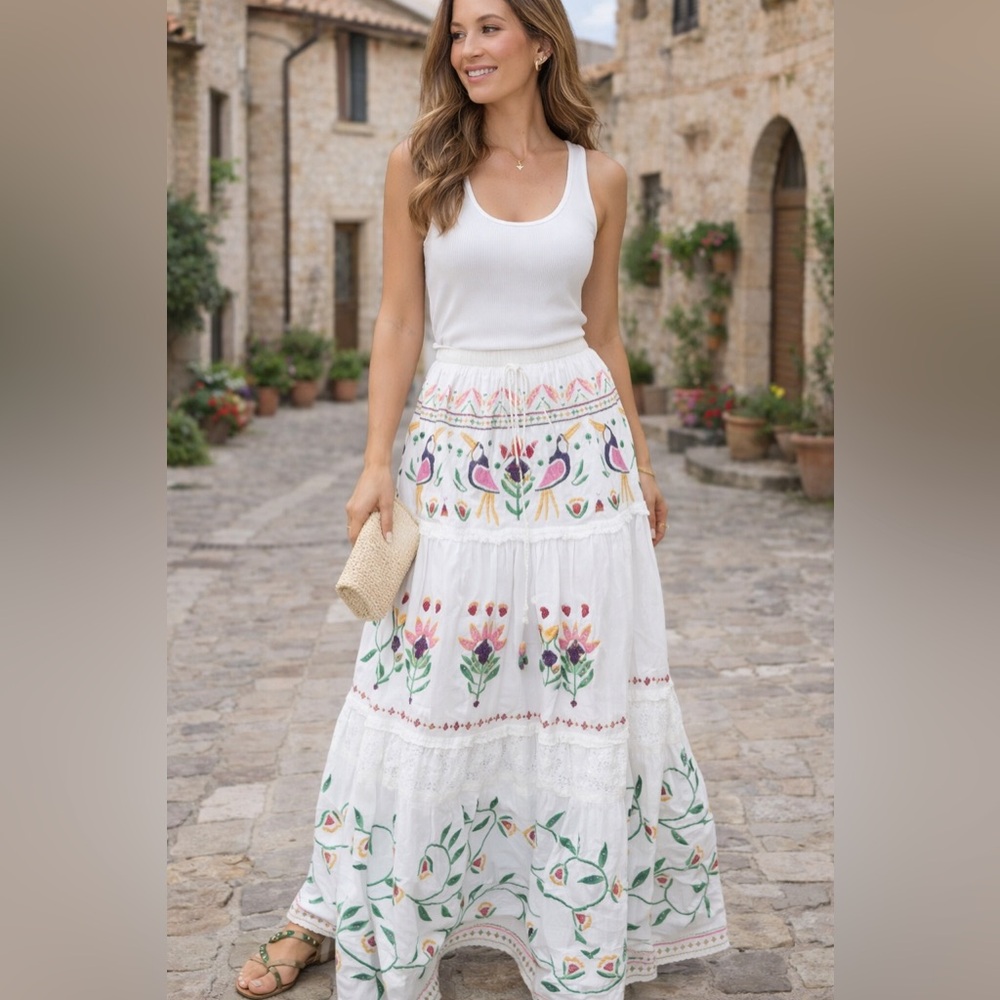 Farm Rio Summer Garden Embroidered Tiered Maxi Skirt Size Medium New With Tags